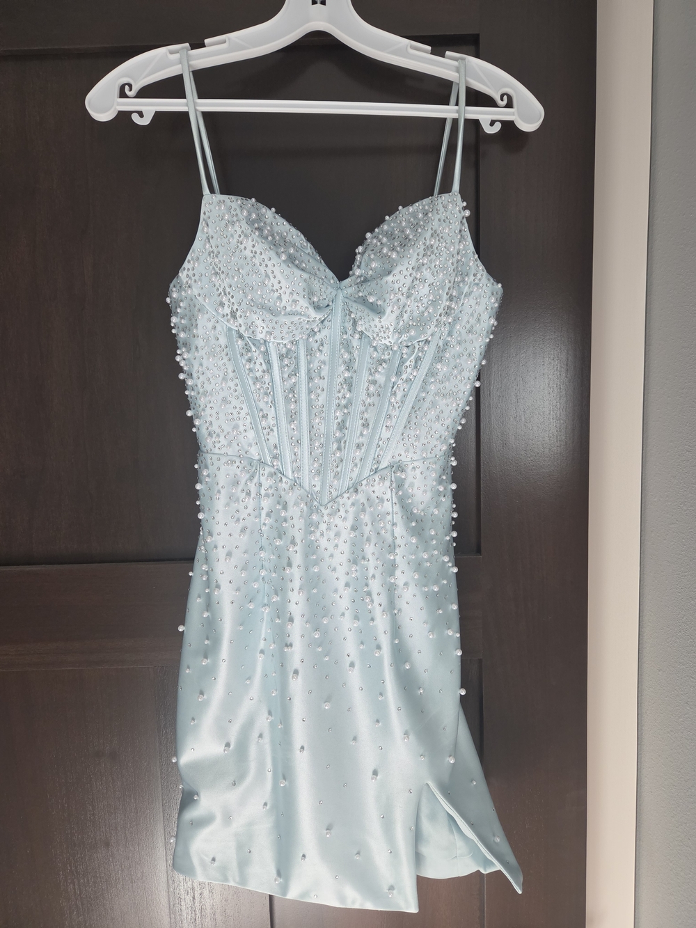 Pearl-Embellished Light Blue Satin Mini Dress